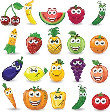Мультяшные фрукты и овощи с разными эмоциями