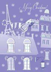 Wallpaper murals Doodle Blue Cat on a Roof of Winter Paris