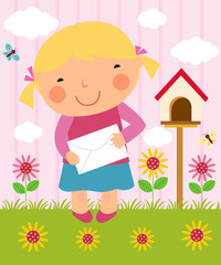 illustration of a little girl posting letter