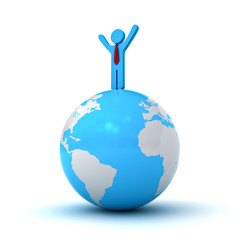 Business man standing with arms wide open on blue globe