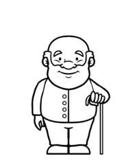 Black and white old man holding a cane and smiling.
