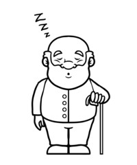 Black and white old man sleeping and snoring holding a cane.