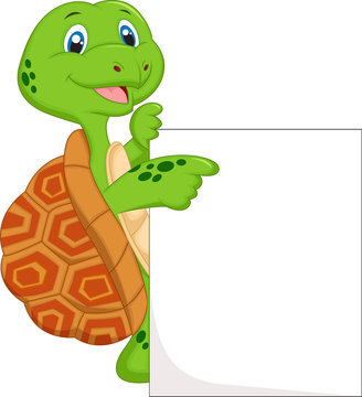 Cute turtle cartoon with blank sign