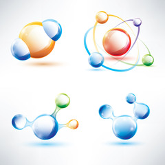 molecule structure, abstract glossy icons set, science and energ
