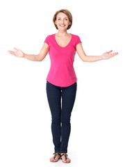 Full portrait of adult happy woman with presentation gesture