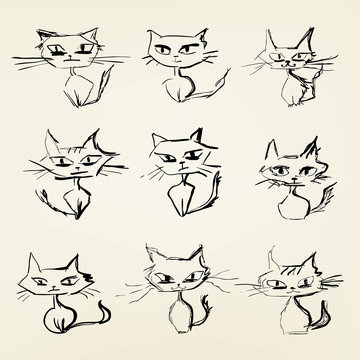 hand drawn cranky cats vector icons collection