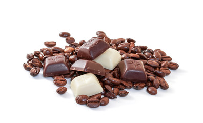 Chocolate and coffee beans on a white background
