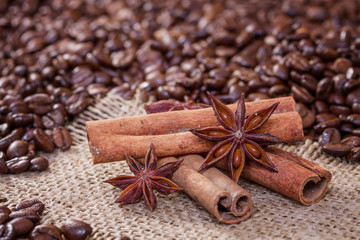 Fototapeta na wymiar Cinnamon sticks and star anise on a background of coffee beans