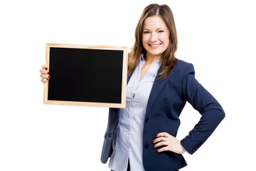 Business woman holding a shalkboard