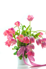 Beautiful pink tulips in white pot