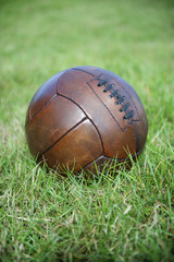 Vintage Brown Football Soccer Ball Green Grass Field