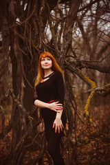 girl red-haired woman in black dress dark forest, dry branch