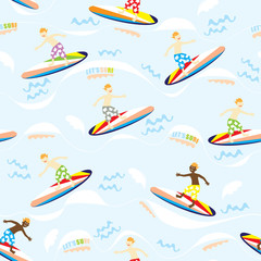 Surfing boy kids seamless pattern. Holiday vector illustration