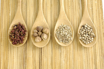 Row of spices in a wooden spoons on wooden board