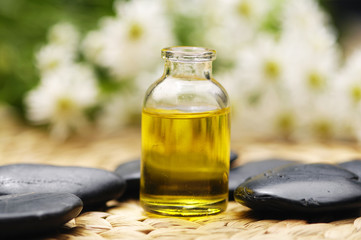 fine image of massage oil with zen stones and gerbera