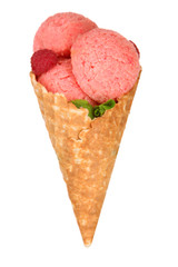 Appetizing pink  ice cream with mint in waffle cone isolated