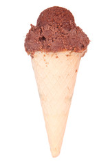 Appetizing chocolate ice cream in waffle cone isolated on white