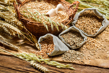 Closeup of bags with cereal grains