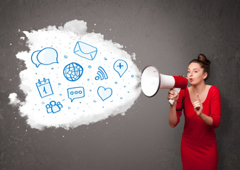 Woman shouting into loudspeaker and modern blue icons and symbol