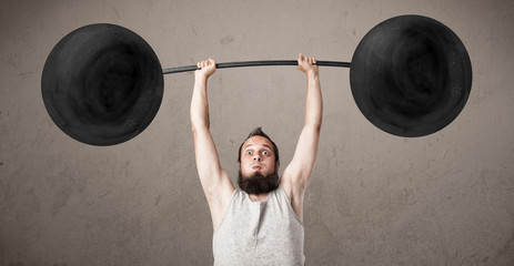 Funny skinny guy lifting weights
