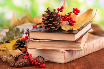 Books and autumn leaves on wooden table on natural background