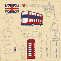 Fotobehang Doodle Vector set Londen symbolen op vintage oude papieren.