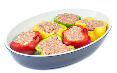 Stuffed peppers in oven dish ready for cooking