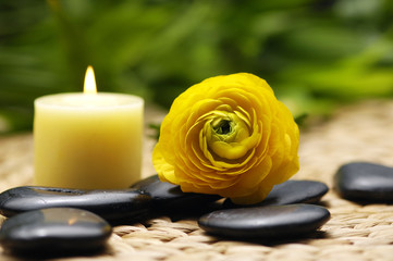 candle with ranunculus and stones on mat