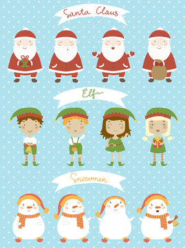 Set of Santa Claus, Elf and Snowman