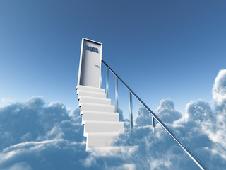 stair in clouds to a boss door on a background blue sky