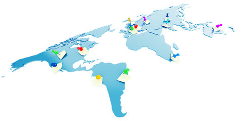 Global map with attached pins and stickers