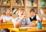 Little redhead schoolboy behind school desk 