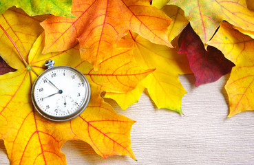 An old clock is on autumn maple leaves
