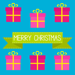 Six gift boxes with ribbons and bows. Merry Christmas card.