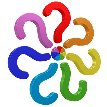 Colorful question marks conected to one center