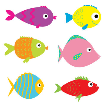 Set of cute cartoon fishes. Isolated.