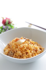 Korean food, kimchi and pork fried rice