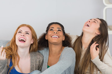 Cheerful young female friends laughing at home
