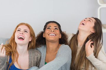 Fototapeta premium Cheerful young female friends laughing at home