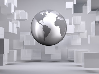 Planet floating in grey room with cubes