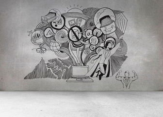 Grey wall with illustrations