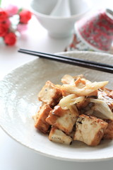 Chinese food, deep fried tofu and leek stir fried