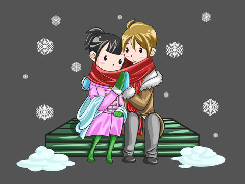 Cute couple sharing their warmth in romantic winter night
