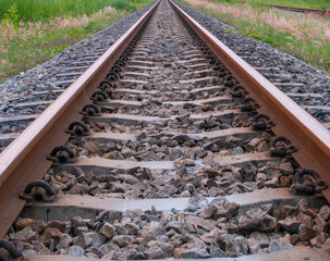 Close up on part of railroad track from top view.