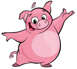 Cartoon happy cute pink pig character presenting