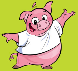 Obraz na płótnie Canvas Cartoon happy pink pig character presenting wearing a T-shirt