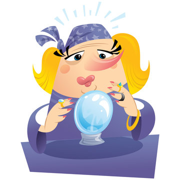 recommend clip art: Blonde woman fortuneteller with crystal ball predicting the futu