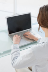 Fototapeta na wymiar Close up rear view of businesswoman using laptop in office