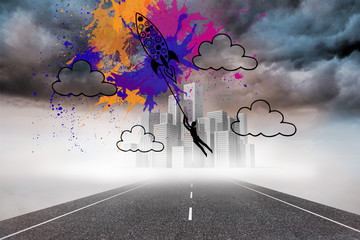 Rocket on splashes over cityscape on street
