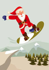 cartoon vector graphic depicting a snowboarding Santa